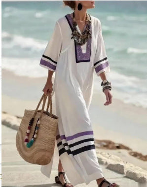 Women's V-Neck Kaftan Maxi Dress - Wide Sleeve - White