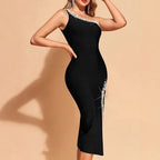 Women's One-Shoulder Bodycon Midi Dress - Pearl Trim - Black