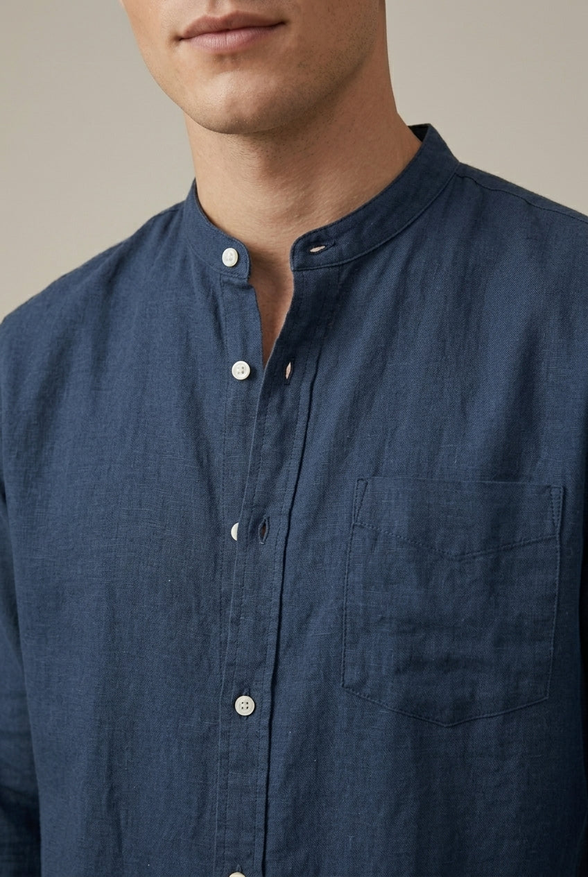 Men's Band Collar Shirt - Long Sleeve with Chest Pocket - Navy Blue, collar detail