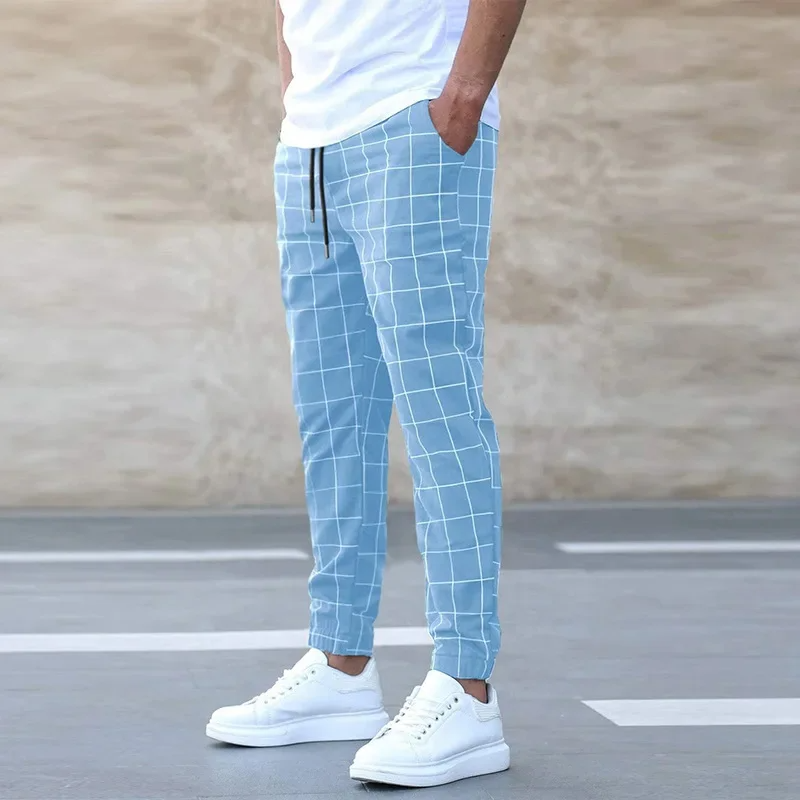 Men's Windowpane Check Trousers - Drawstring Waist, Cuffed Hem - Blue
