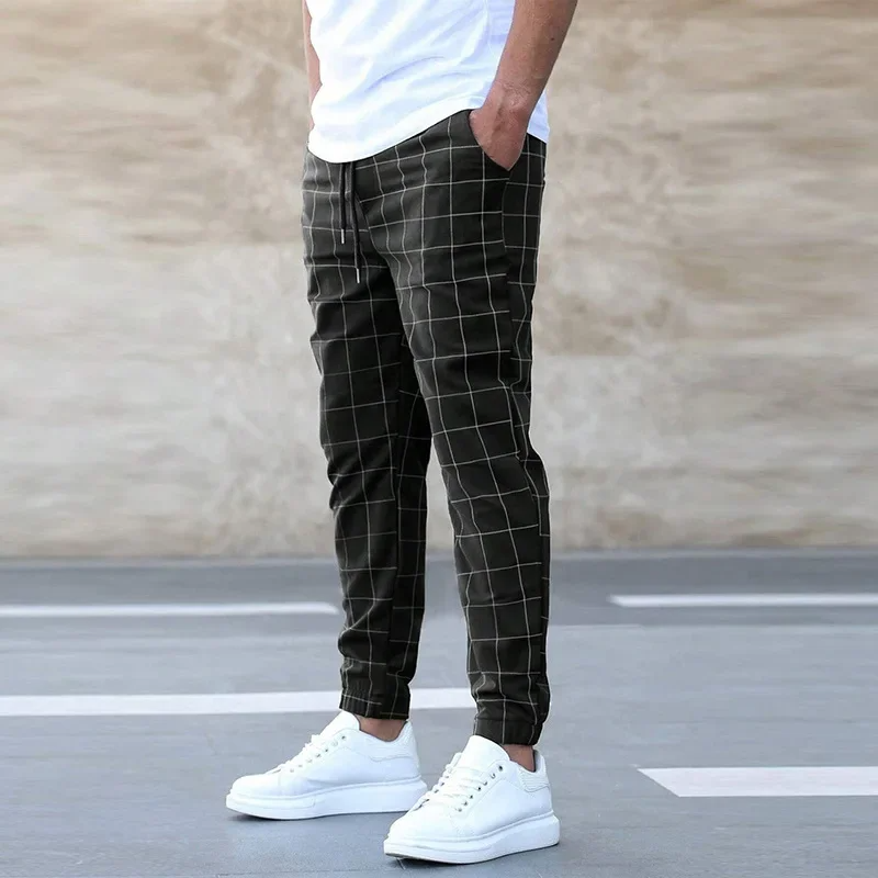 Men's Windowpane Check Trousers - Drawstring Waist, Cuffed Hem - Black