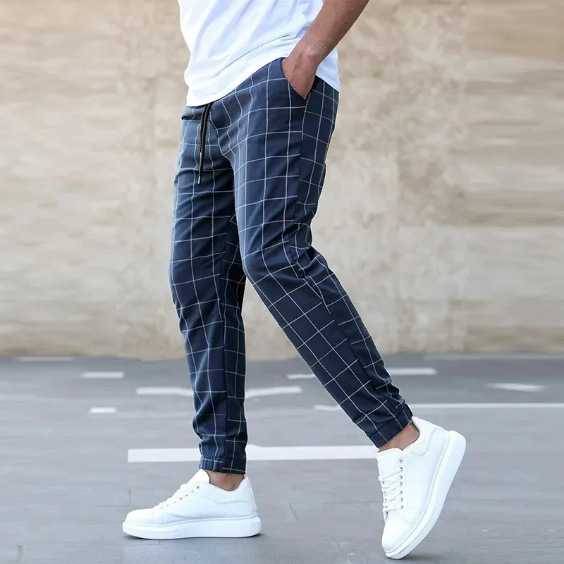 Men's Windowpane Check Trousers - Drawstring Waist, Cuffed Hem - Navy