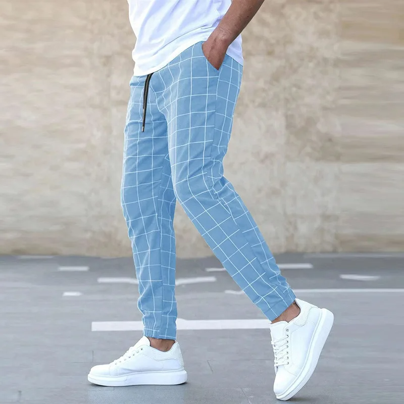 Men's Windowpane Check Trousers - Drawstring Waist, Cuffed Hem - Blue, side view
