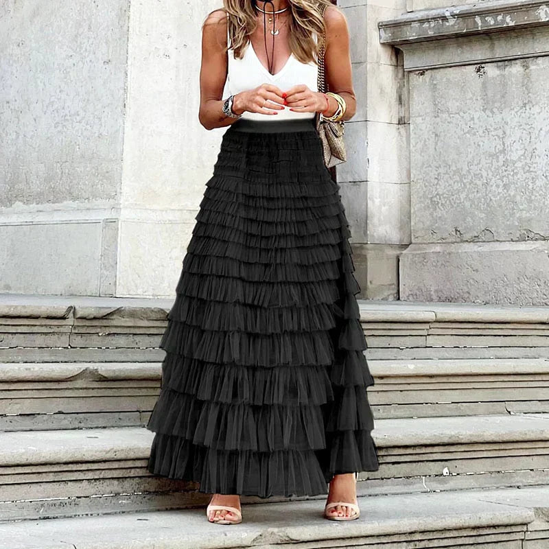 Women's Tiered Tulle Maxi Skirt - Elasticated High Waist - Black, cropped view