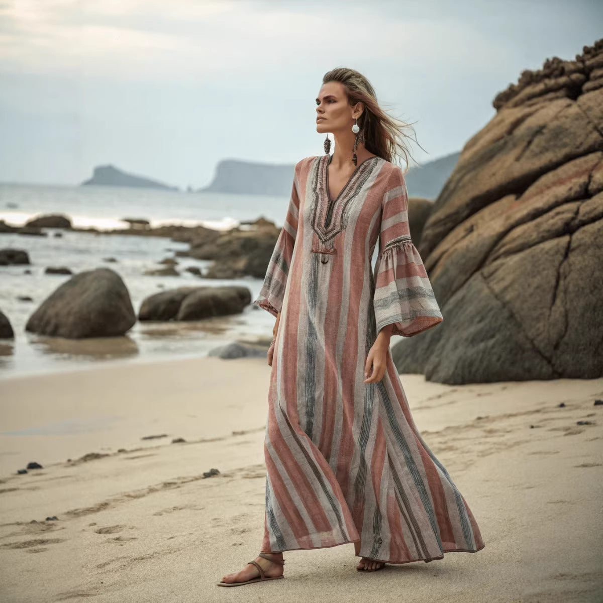 Women's V-Neck Kaftan Maxi Dress - Wide Sleeve - Dusty rose stripe