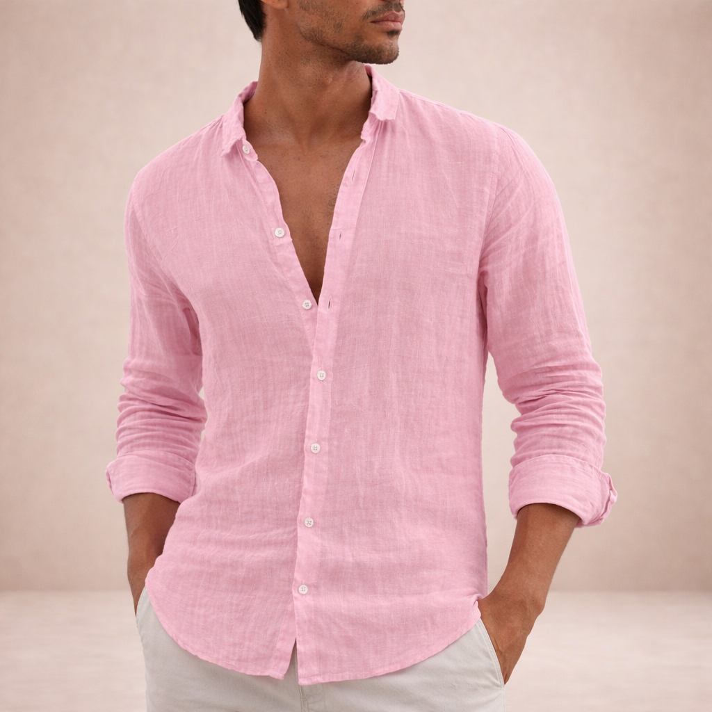 Men's Long Sleeve Button-Front Shirt - Classic Collar - Pink