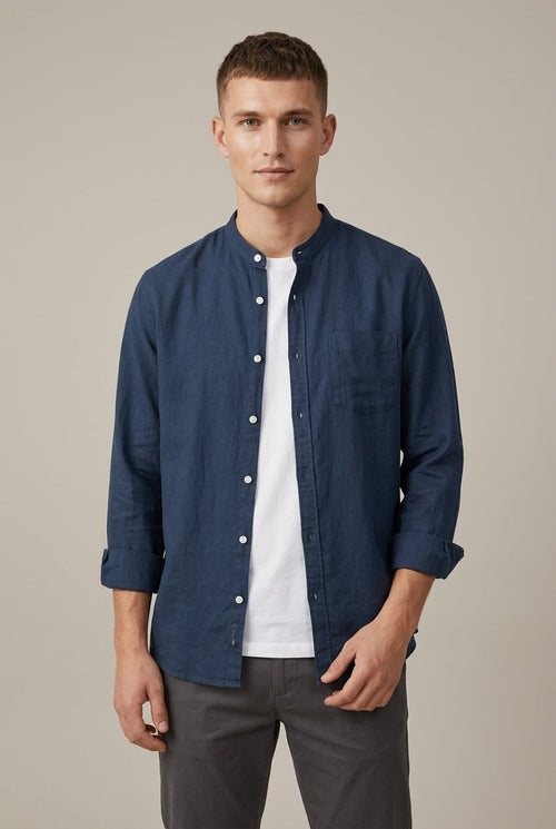 Men's Band Collar Shirt - Long Sleeve with Chest Pocket - Navy Blue