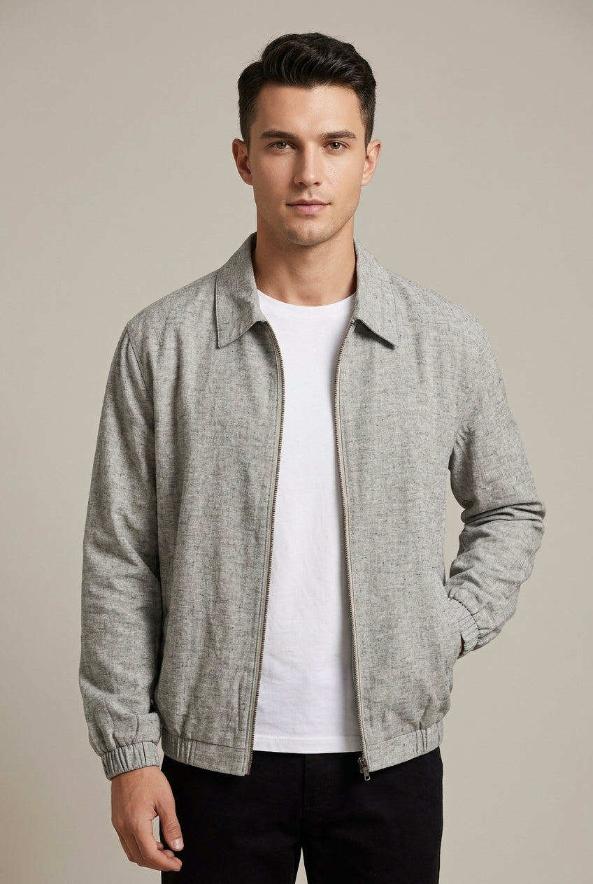 Men's Zip-Up Collared Bomber Jacket - Light Grey Marl