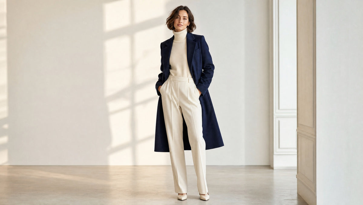 Woman in a long navy coat and cream knitwear in a bright studio