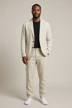 Men's Two-Piece Suit - Two-Button Blazer - Patch Pockets - Beige, full-length front view on model