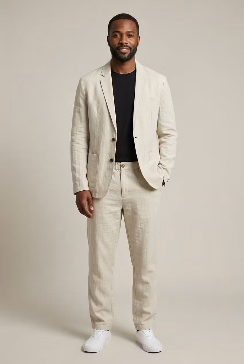 Men's Two-Piece Suit - Two-Button Blazer - Patch Pockets - Beige, full-length front view on model
