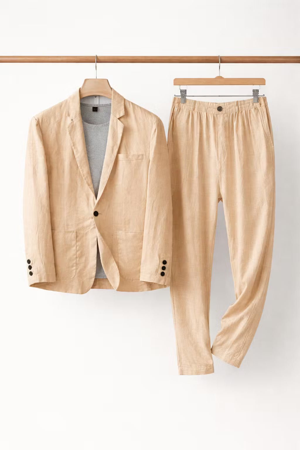 Men's Two-Piece Suit - Two-Button Blazer - Patch Pockets - Khaki, blazer and trousers on hangers