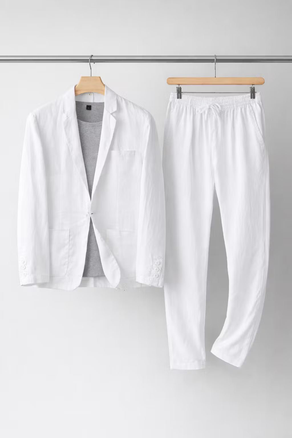 Men's Two-Piece Suit - Two-Button Blazer - Patch Pockets - White, blazer and trousers on hangers