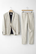 Men's Two-Piece Suit - Two-Button Blazer - Patch Pockets - Beige, blazer and trousers on hangers