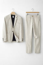 Men's Two-Piece Suit - Two-Button Blazer - Patch Pockets - Beige, blazer and trousers on hangers