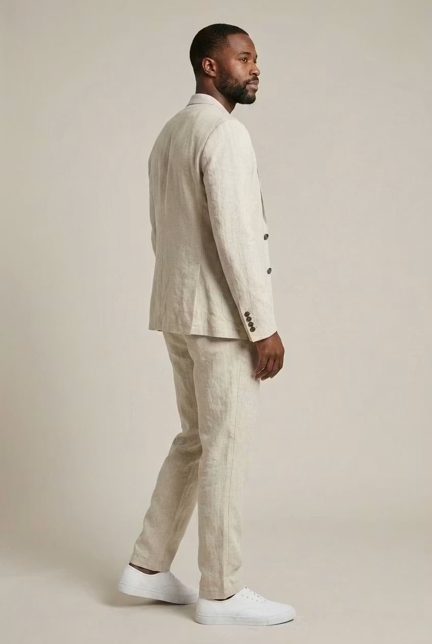 Men's Two-Piece Suit - Two-Button Blazer - Patch Pockets - Beige, side view on model