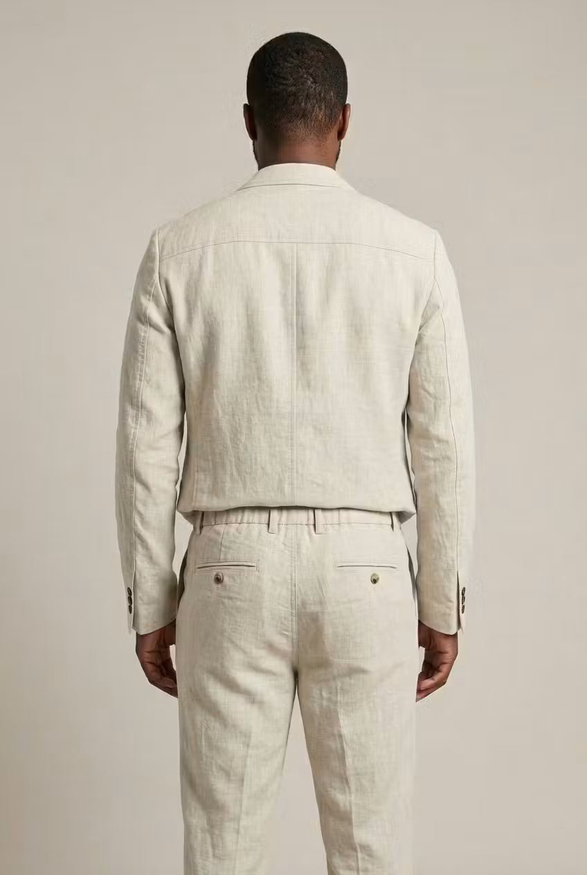 Men's Two-Piece Suit - Two-Button Blazer - Patch Pockets - Beige, back view, elasticated back waist