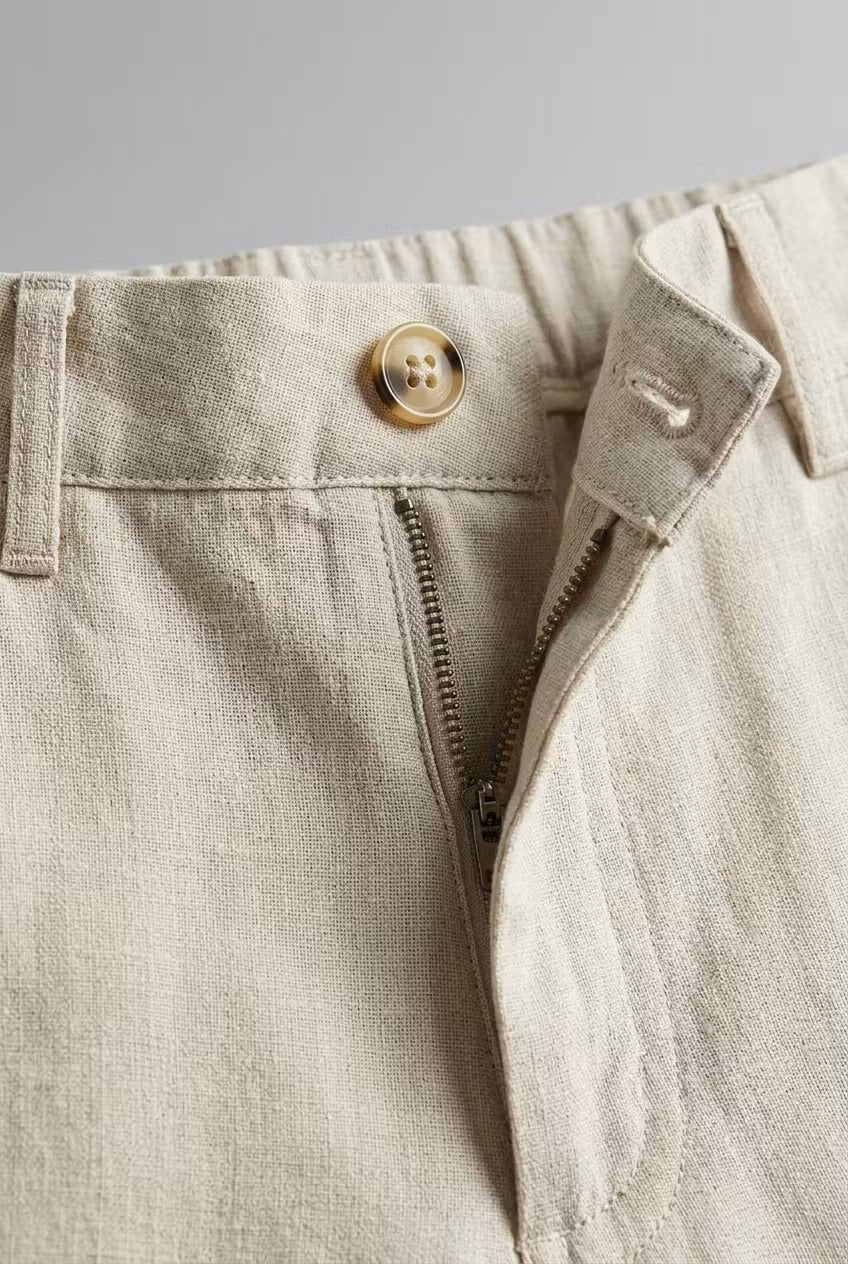 Men's Two-Piece Suit - Two-Button Blazer - Patch Pockets - Beige, waistband and zip fly close-up