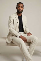 Men's Two-Piece Suit - Two-Button Blazer - Patch Pockets - Beige, seated on model