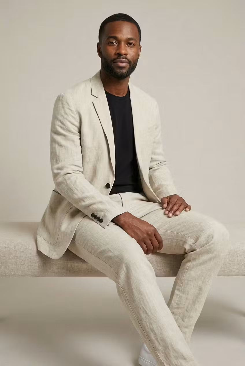 Men's Two-Piece Suit - Two-Button Blazer - Patch Pockets - Beige, seated on model