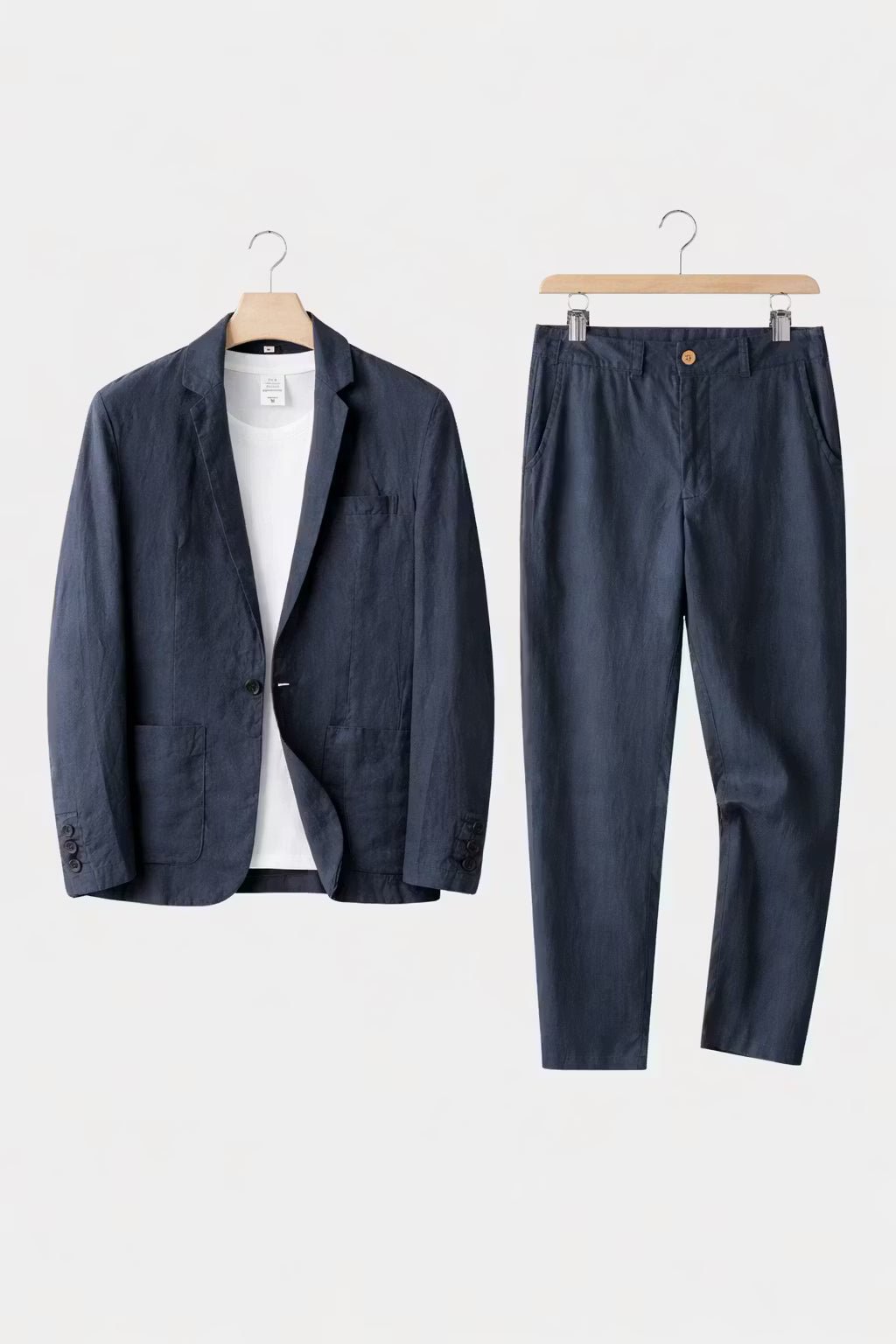Men's Two-Piece Suit - Two-Button Blazer - Patch Pockets - Blue, blazer and trousers on hangers