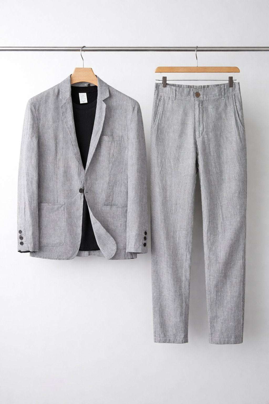 Men's Two-Piece Suit - Two-Button Blazer - Patch Pockets - Grey, blazer and trousers on hangers