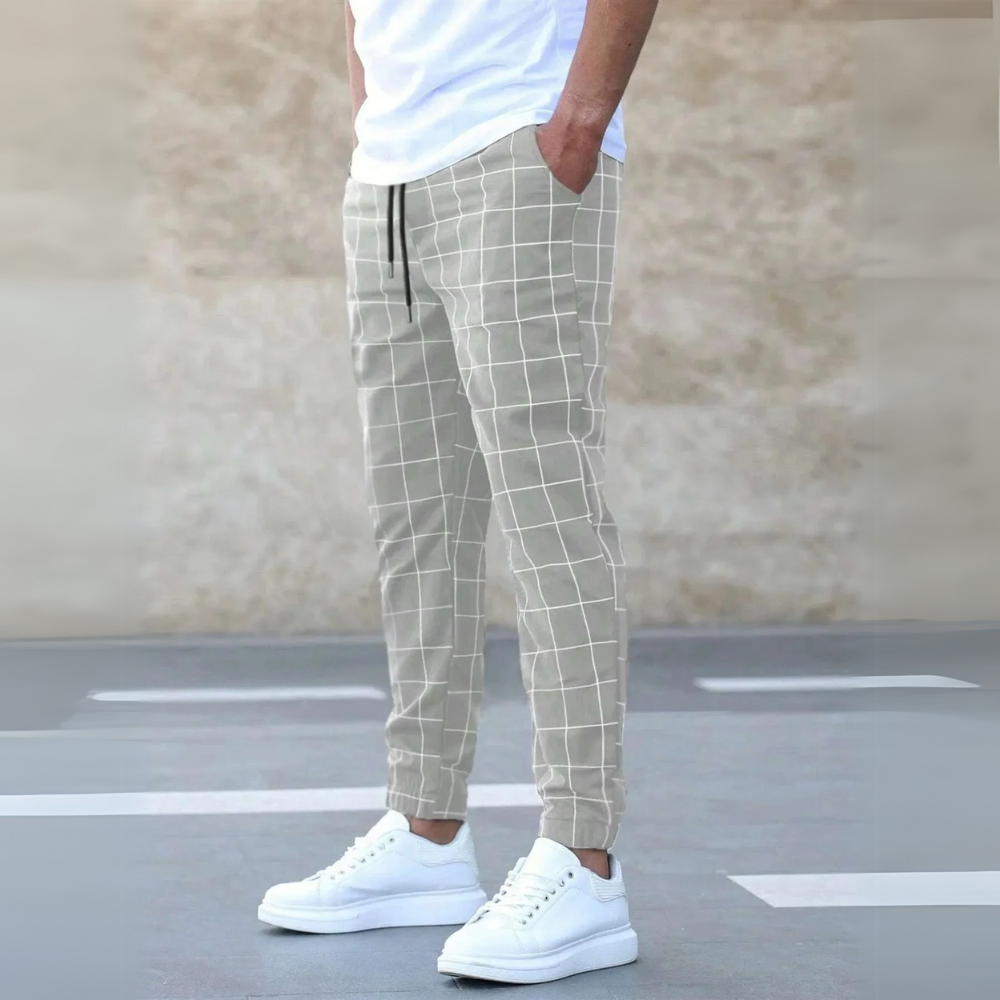Men's Windowpane Check Trousers - Drawstring Waist, Cuffed Hem - Khaki