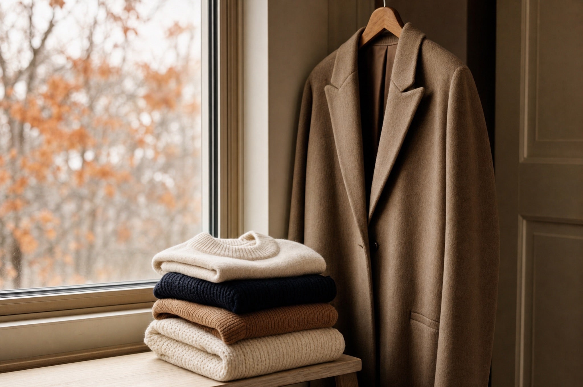 Folded knitwear and a tailored coat by an autumn window