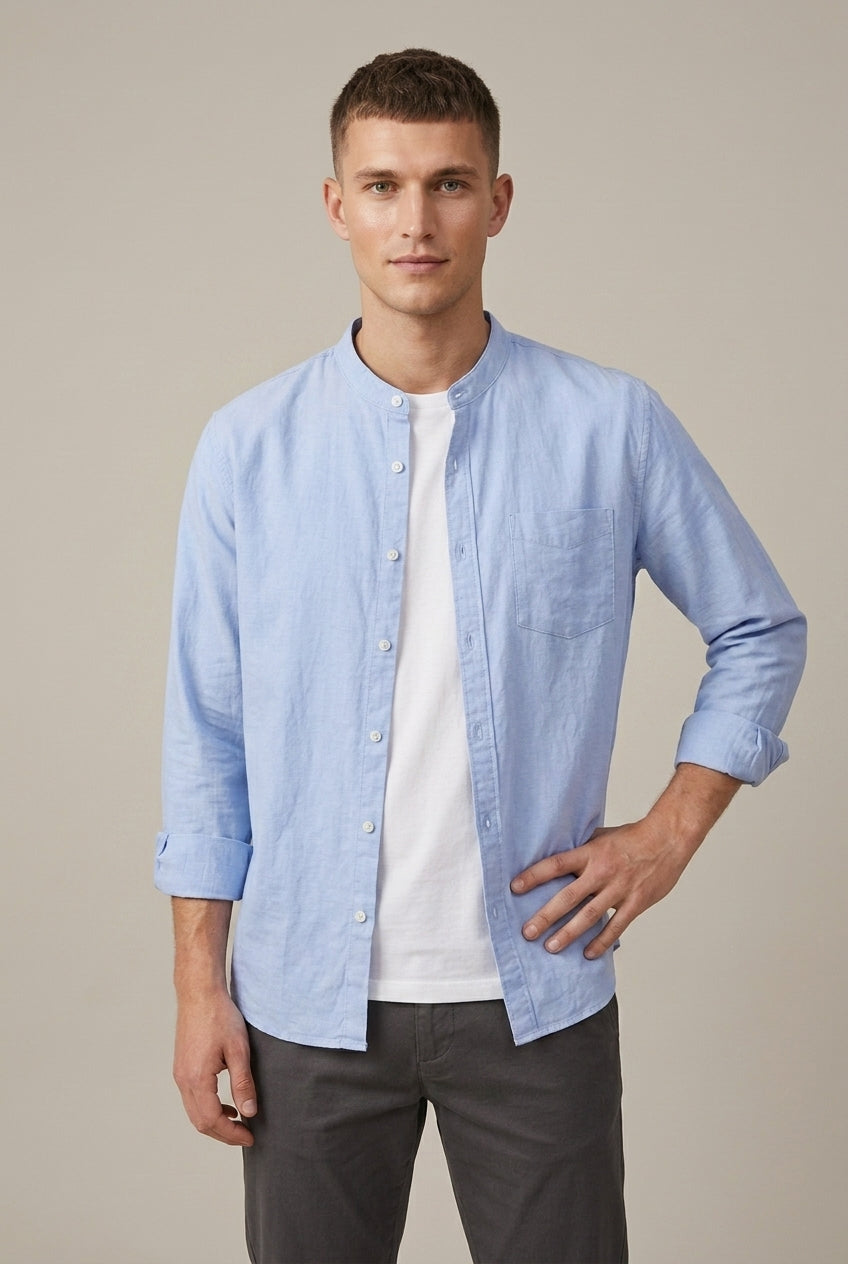 Men's Band Collar Shirt - Long Sleeve with Chest Pocket - Light Blue