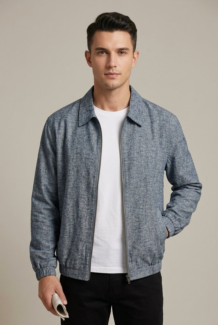 Men's Zip-Up Collared Bomber Jacket - Blue Marl