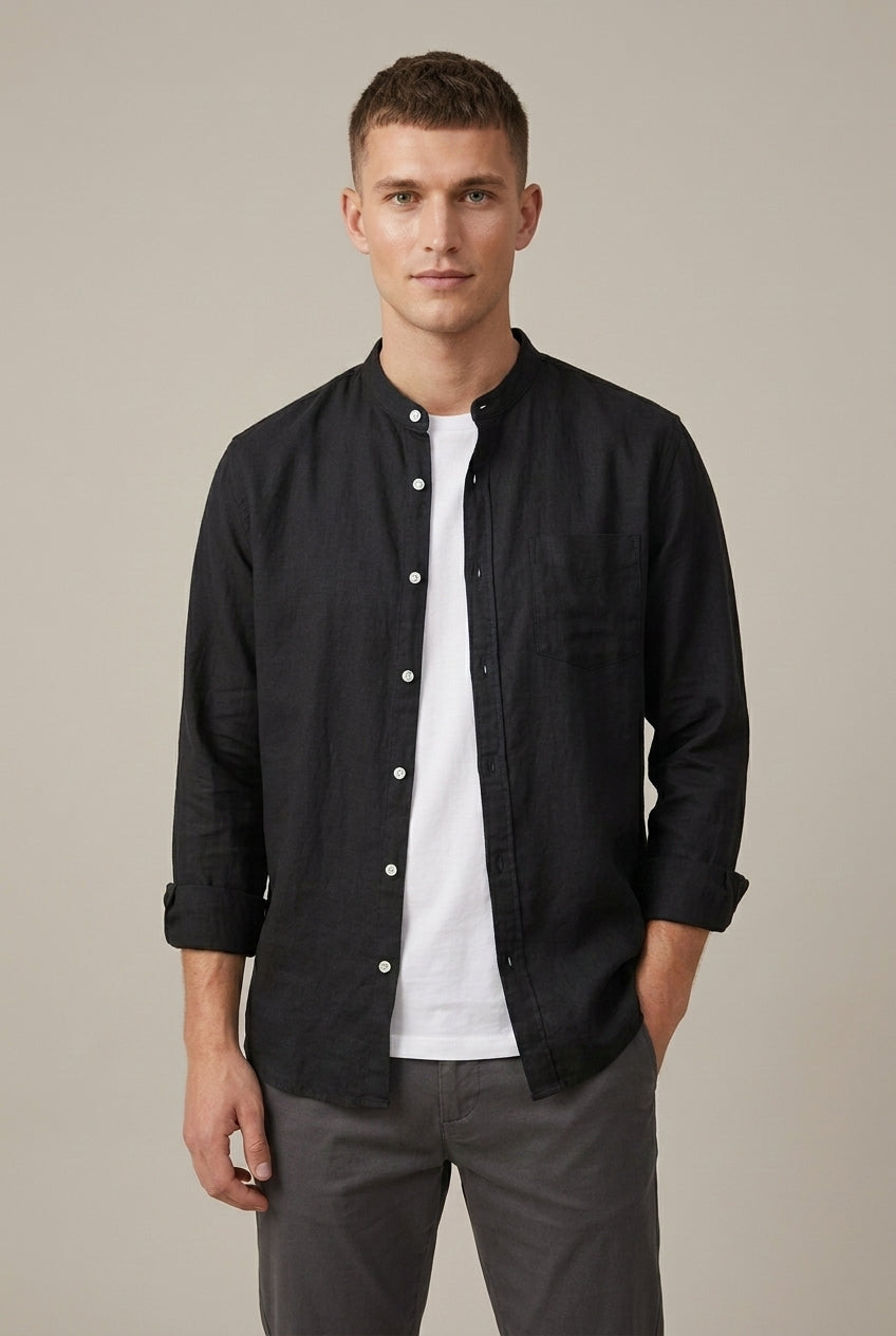 Men's Band Collar Shirt - Long Sleeve with Chest Pocket - Black