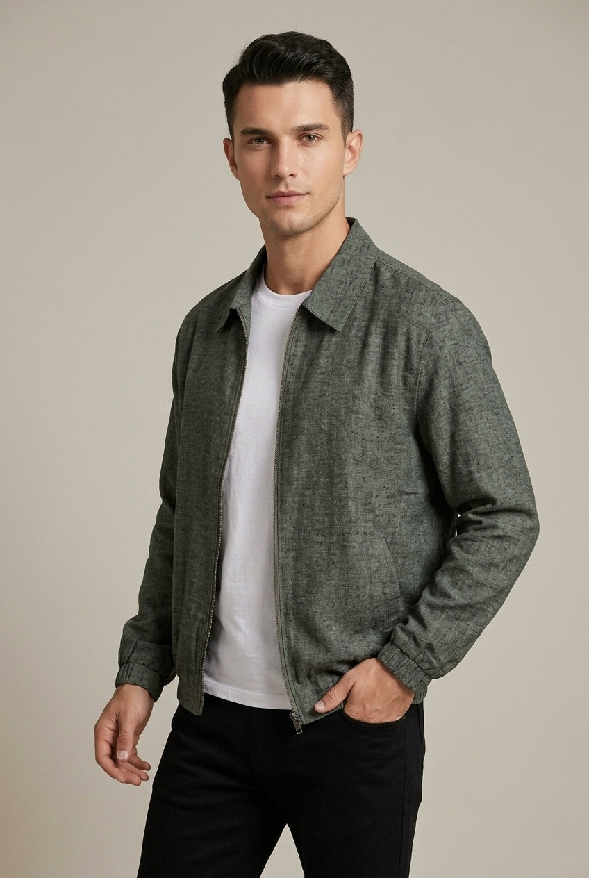 Men's Zip-Up Collared Bomber Jacket - Dark Grey Marl