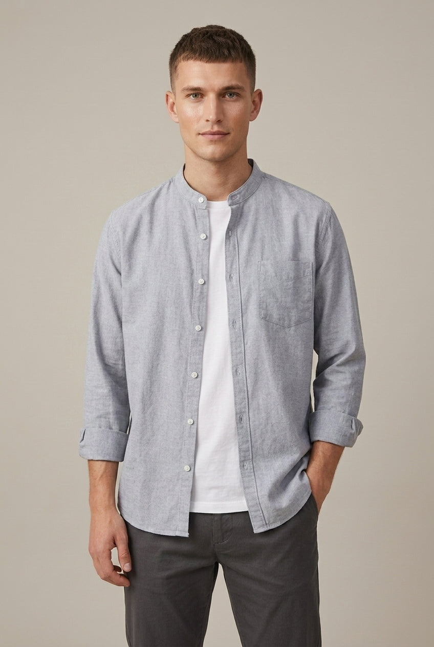 Men's Band Collar Shirt - Long Sleeve with Chest Pocket - Grey