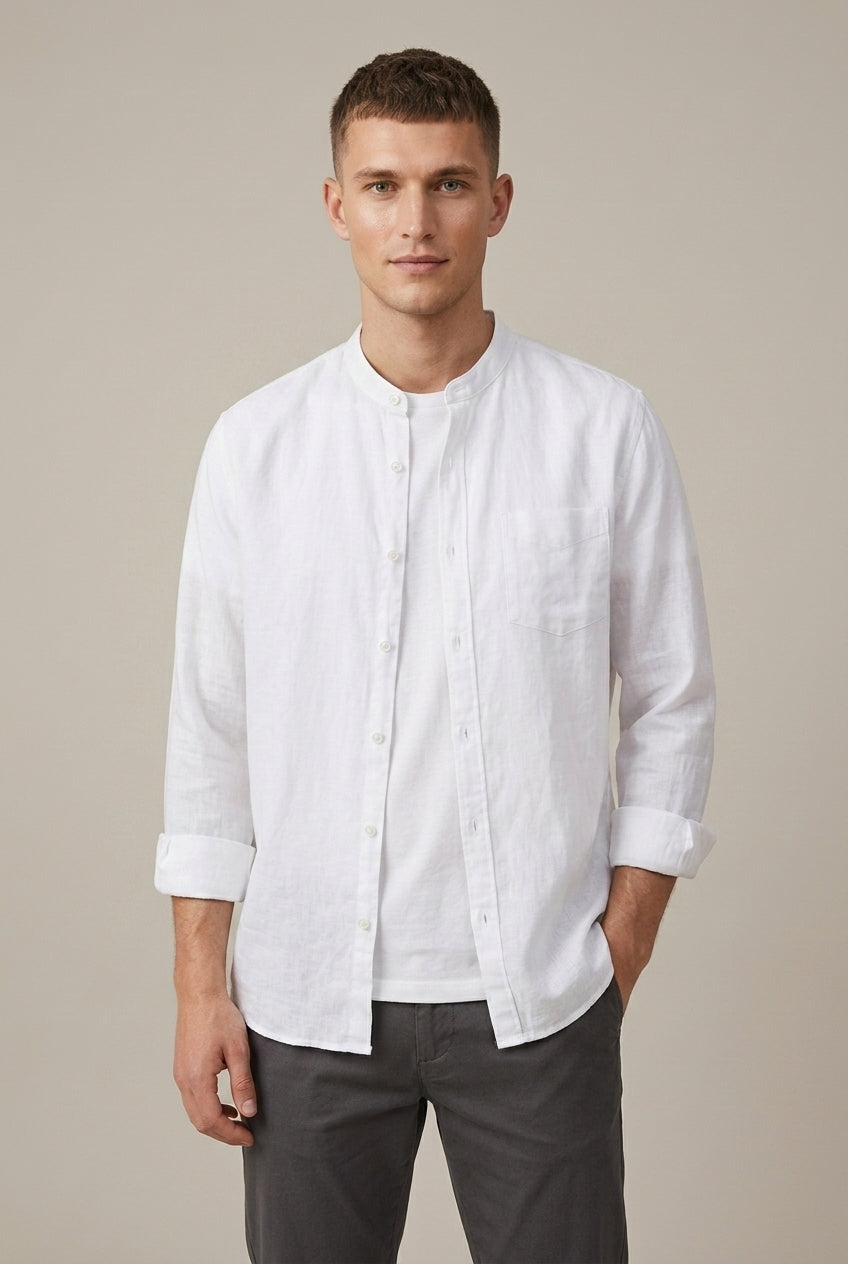 Men's Band Collar Shirt - Long Sleeve with Chest Pocket - White
