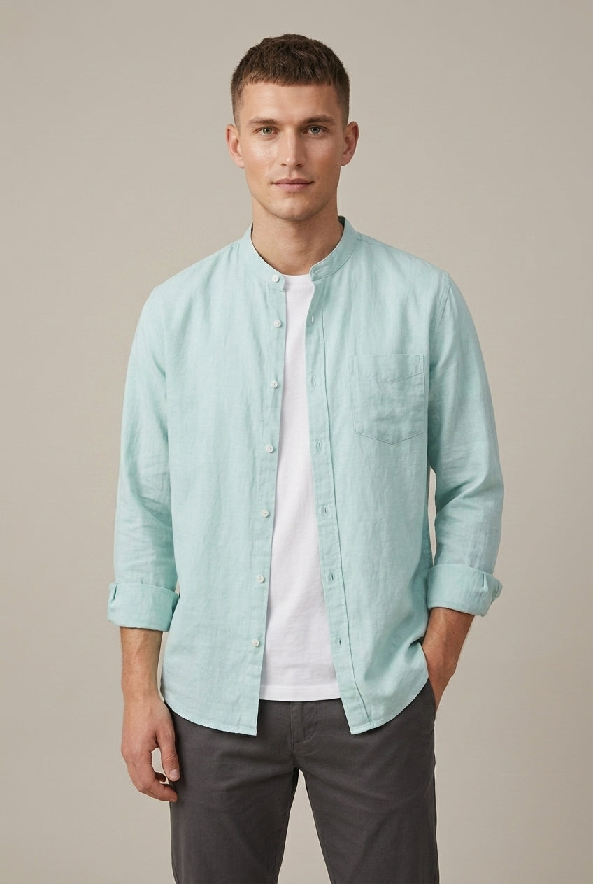 Men's Band Collar Shirt - Long Sleeve with Chest Pocket - Mint Green