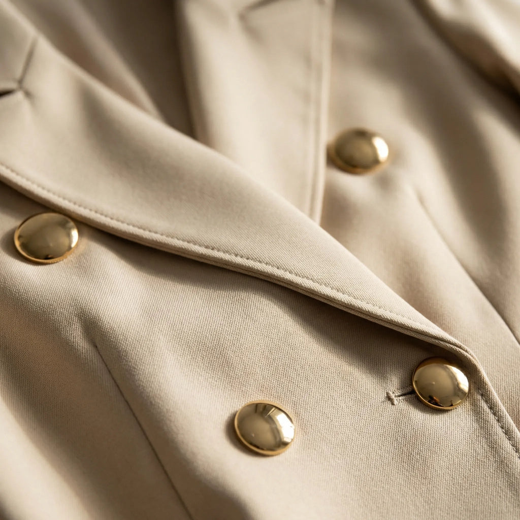 Women's Blazer Mini Dress - Double-Breasted Gold-Tone Buttons - Beige, button and lapel close-up