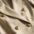 Women's Blazer Mini Dress - Double-Breasted Gold-Tone Buttons - Beige, button and lapel close-up
