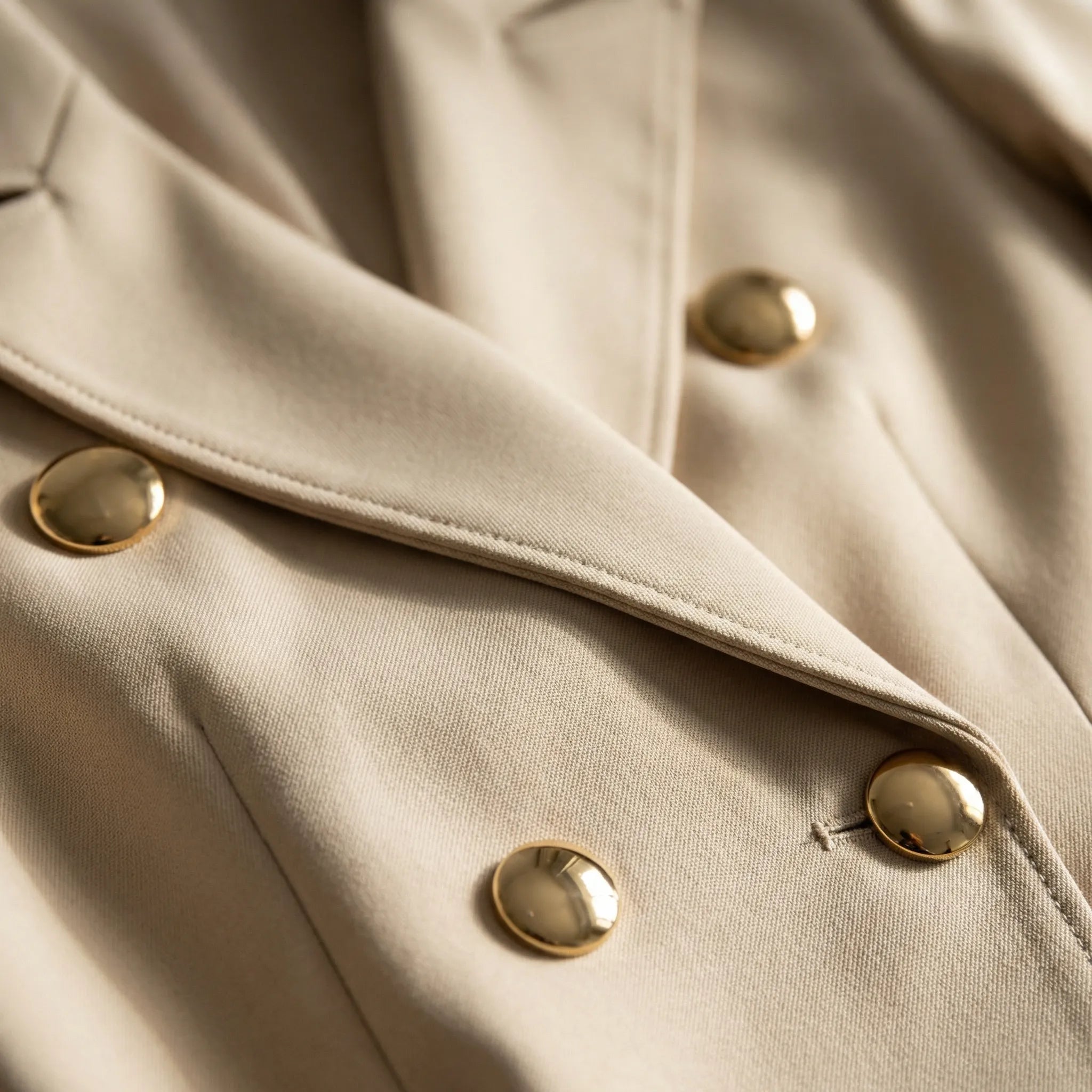 Women's Blazer Mini Dress - Double-Breasted Gold-Tone Buttons - Beige, button and lapel close-up