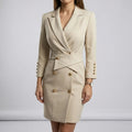 Women's Blazer Mini Dress - Double-Breasted Gold-Tone Buttons - Beige, front view