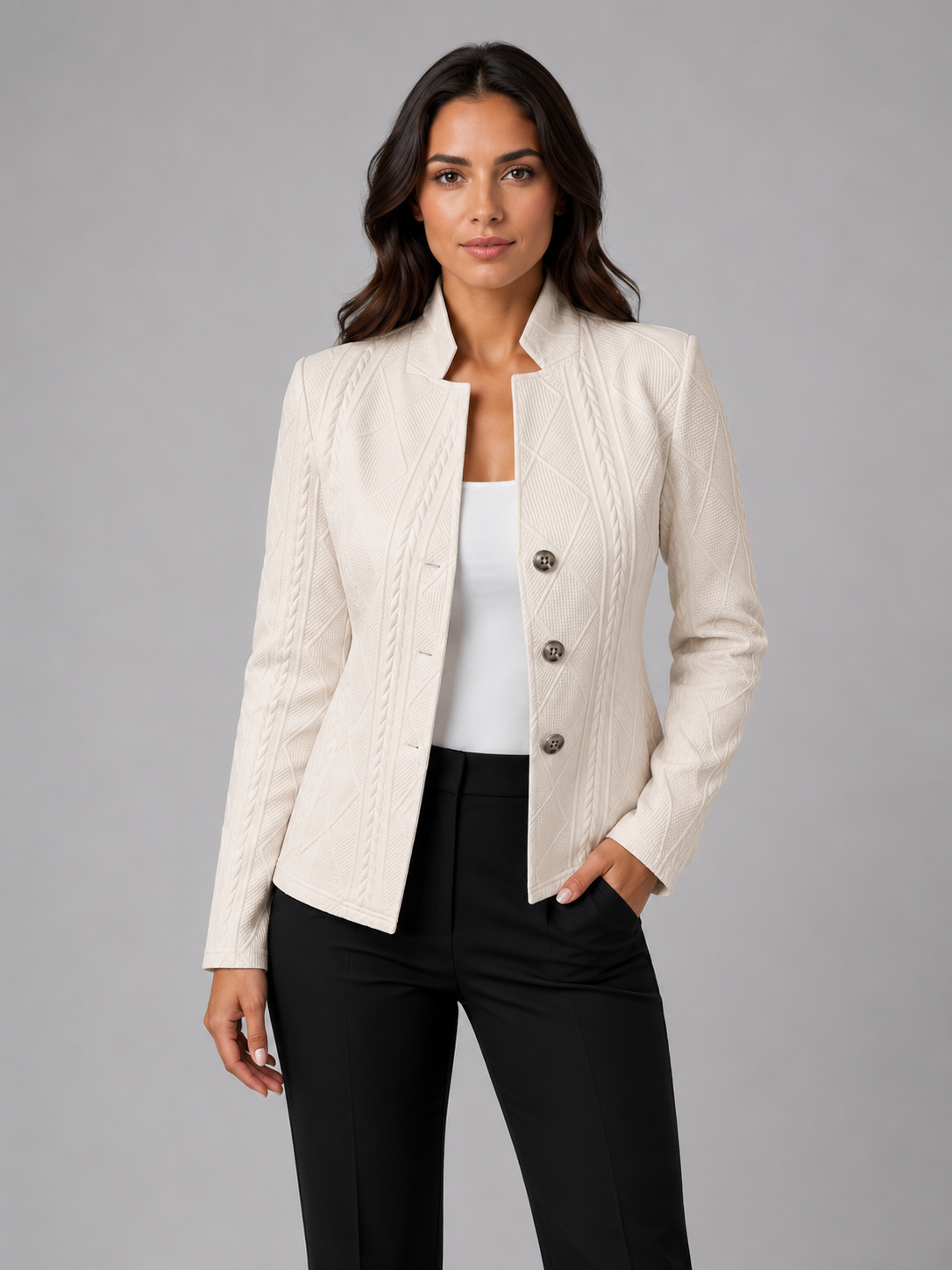 Women's Cable Knit Blazer - Three-Button Stand Collar - Beige