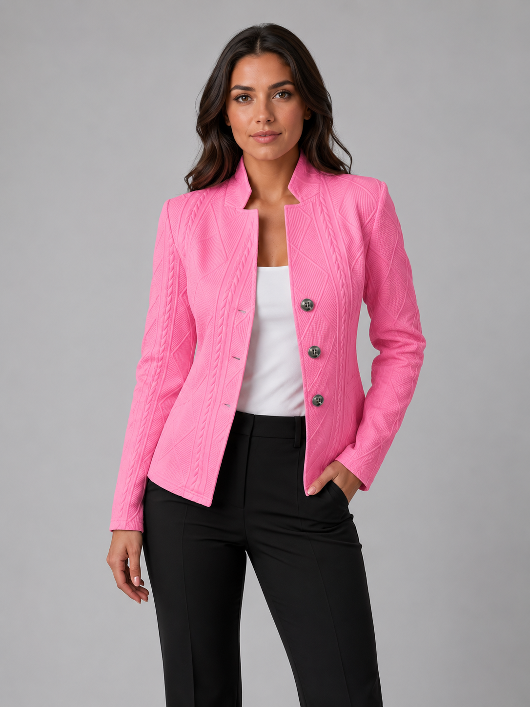 Women's Cable Knit Blazer - Three-Button Stand Collar - Pink