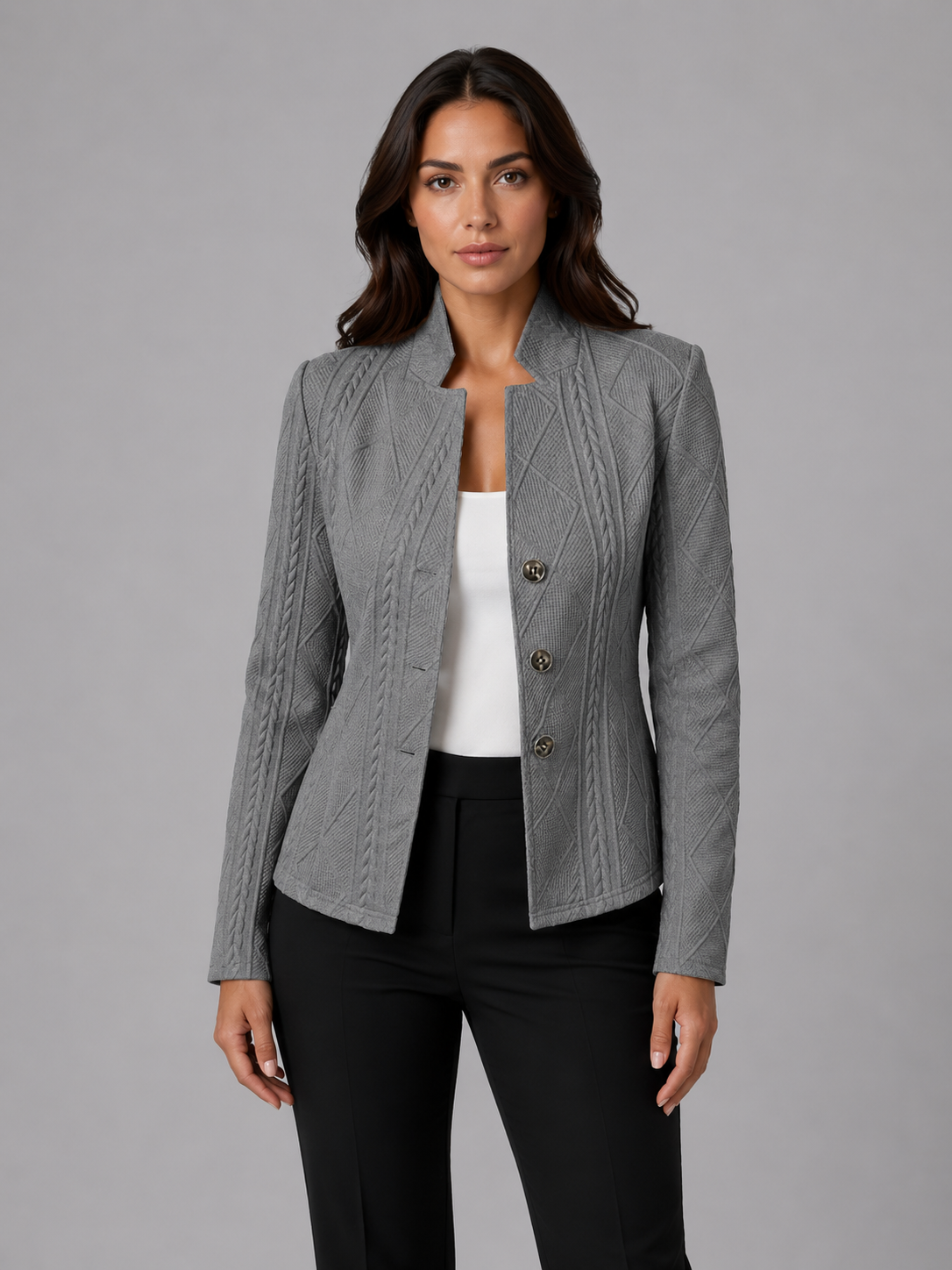 Women's Cable Knit Blazer - Three-Button Stand Collar - Grey