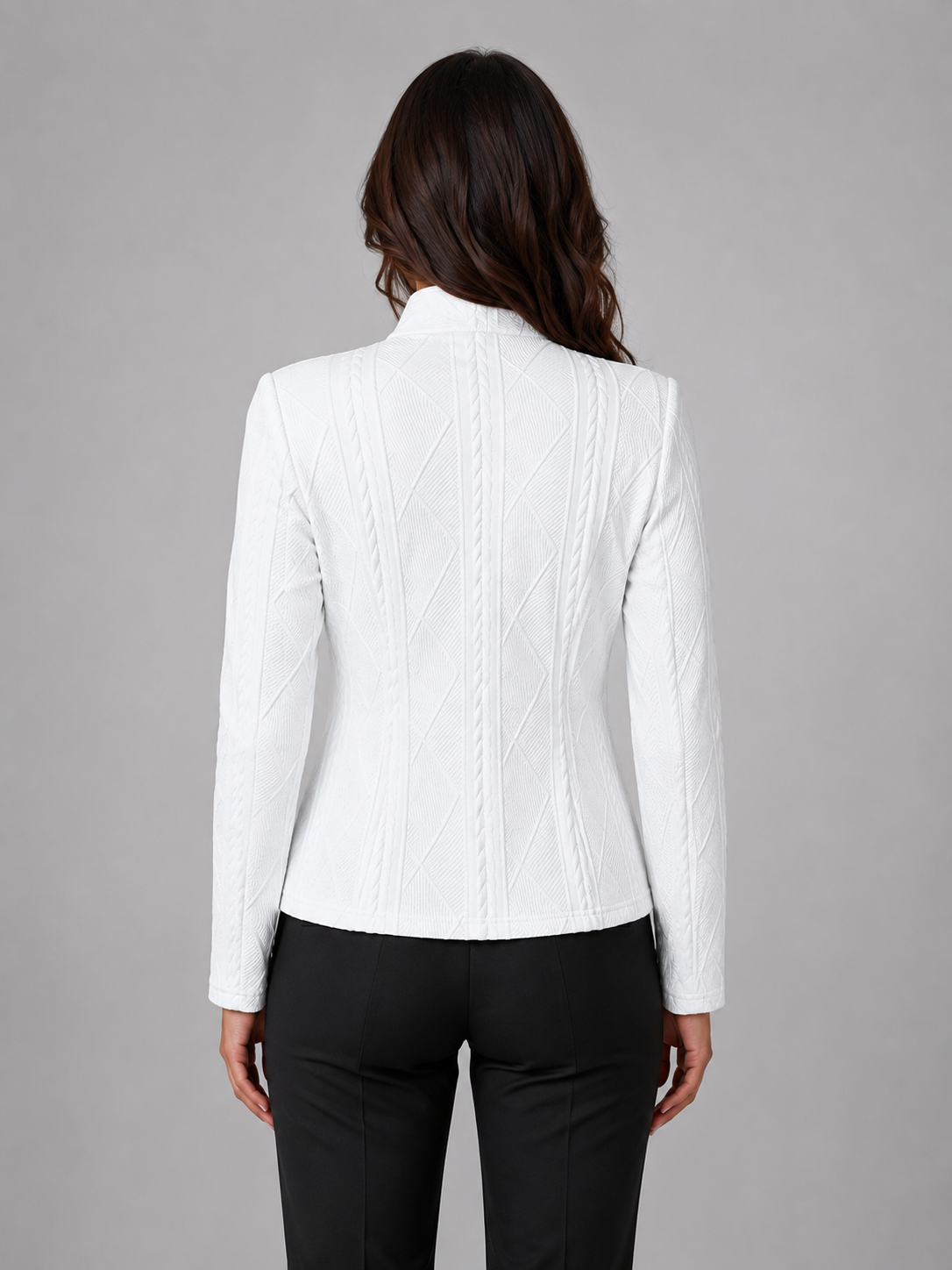 Women's Cable Knit Blazer - Three-Button Stand Collar - White, back view