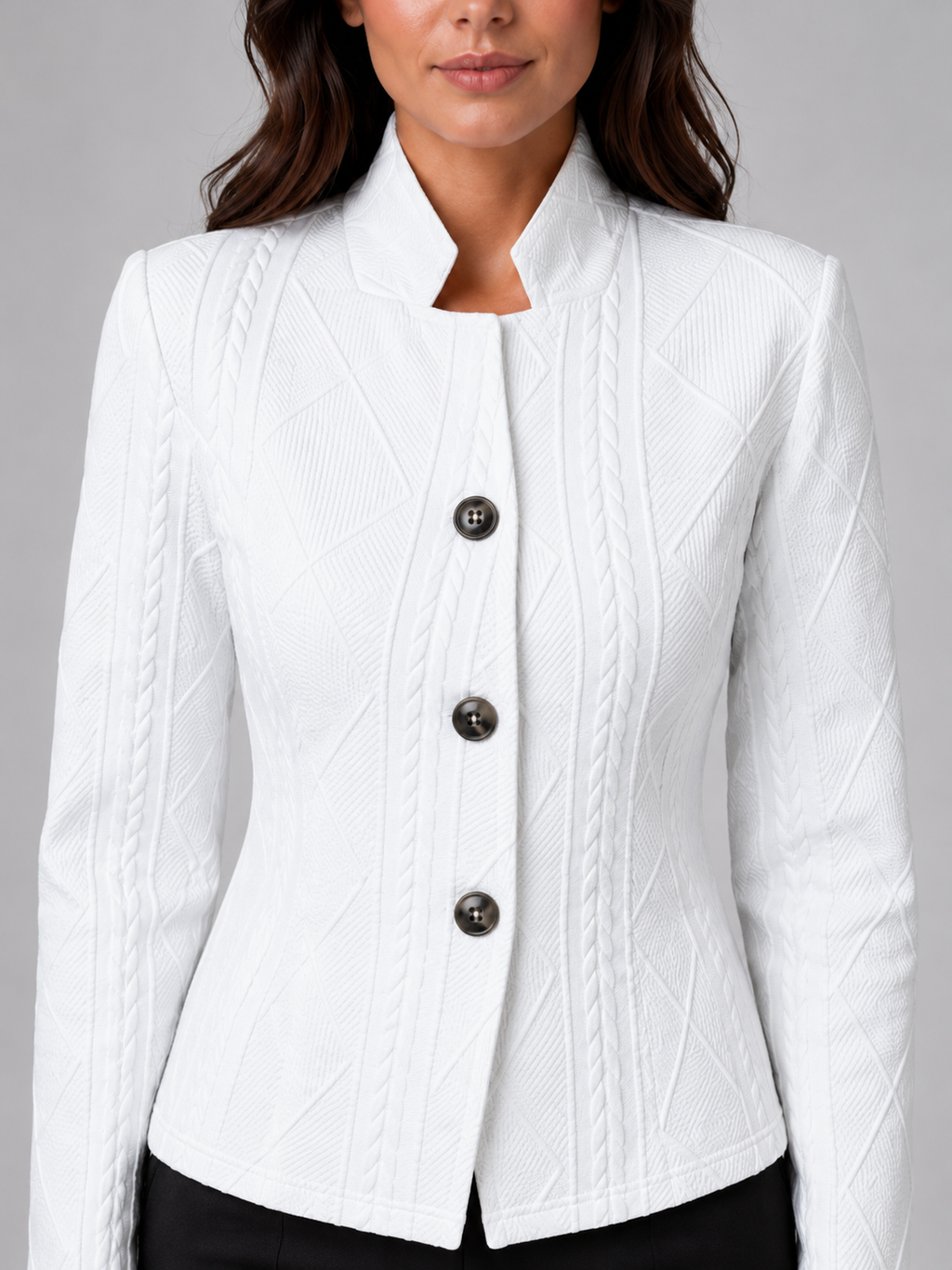 Women's Cable Knit Blazer - Three-Button Stand Collar - White, fastened front detail