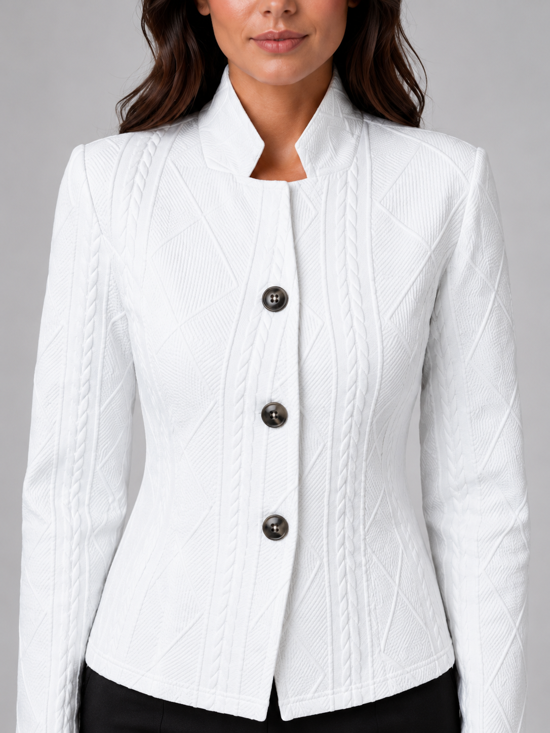 Women's Cable Knit Blazer - Three-Button Stand Collar - White, fastened front detail