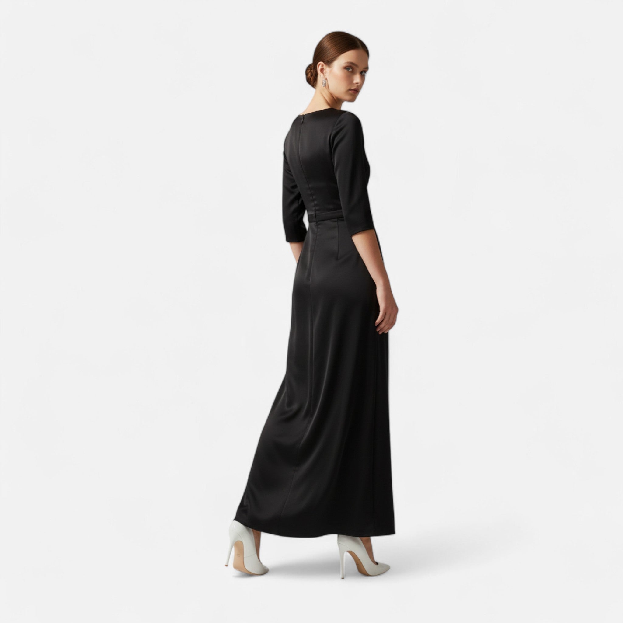 Women's Patent Court Shoes - Pointed Toe - Stiletto Heel - White, worn with black dress, back view